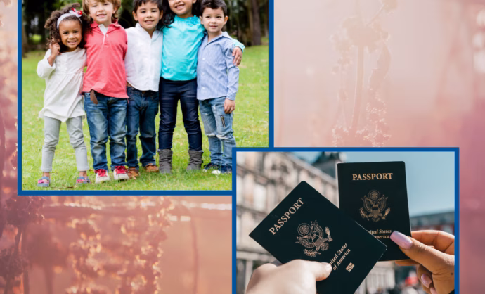 Photograph of several children embracing as a family and photograph of two passports