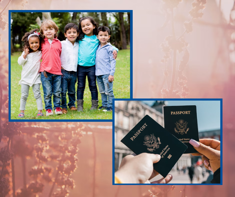 Photograph of several children embracing as a family and photograph of two passports